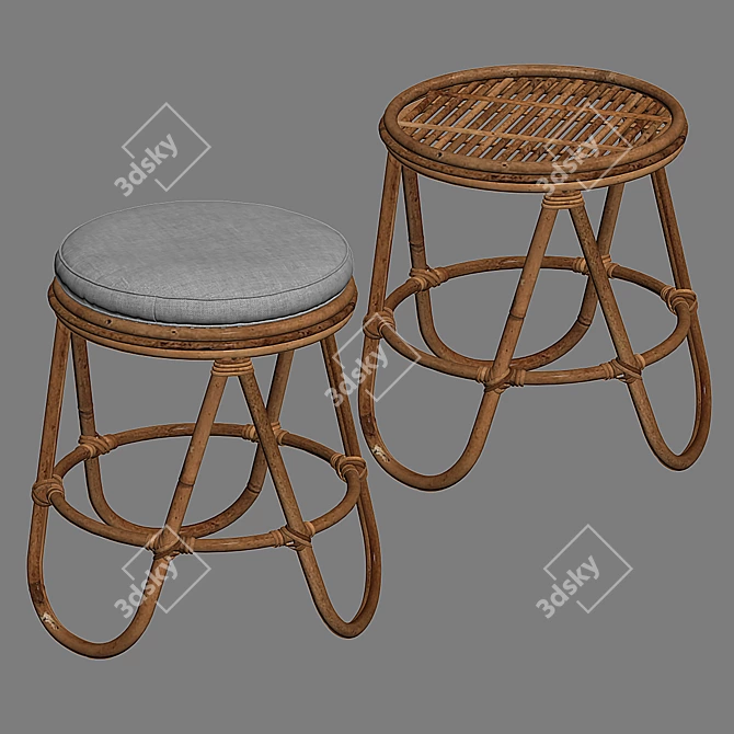 Rustic Rattan Stool: Stylish & Sustainable 3D model image 3