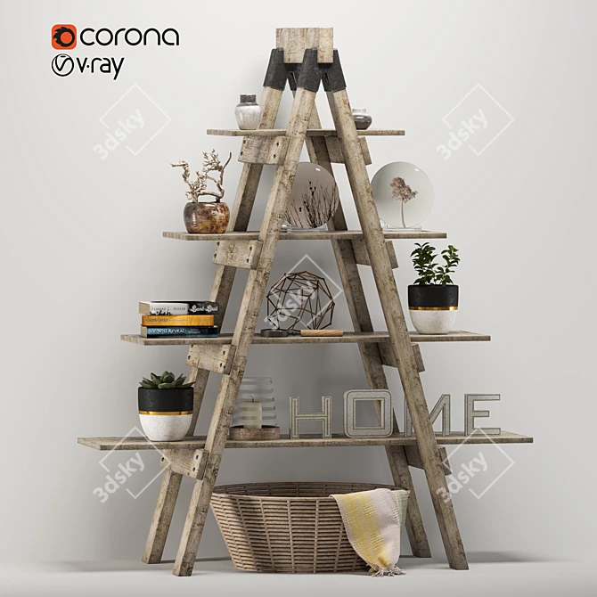 Rustic Eco-Friendly Wooden Ladder Shelf 3D model image 1