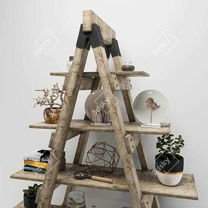 Rustic Eco-Friendly Wooden Ladder Shelf 3D model image 2