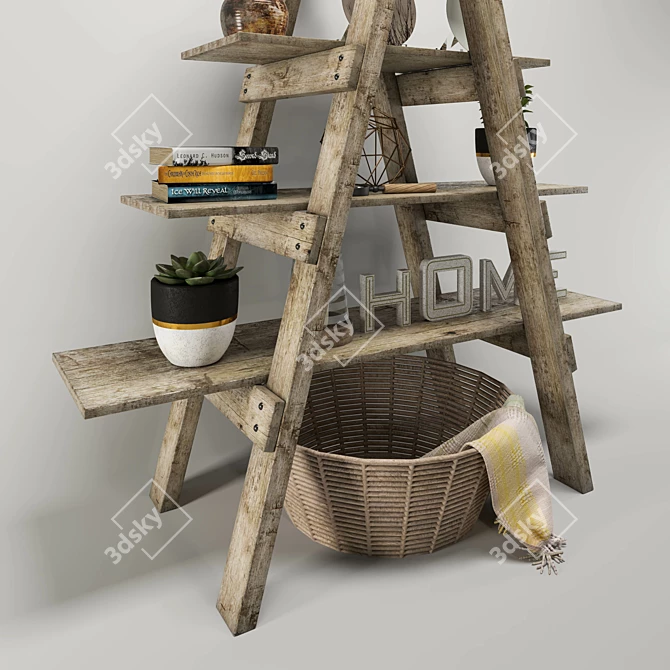 Rustic Eco-Friendly Wooden Ladder Shelf 3D model image 3