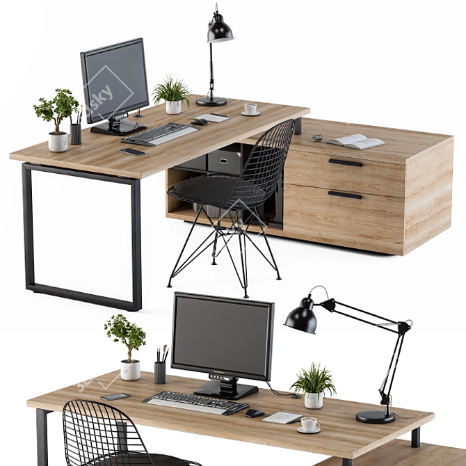 Rustic Wooden Loft Desk 3D model image 2