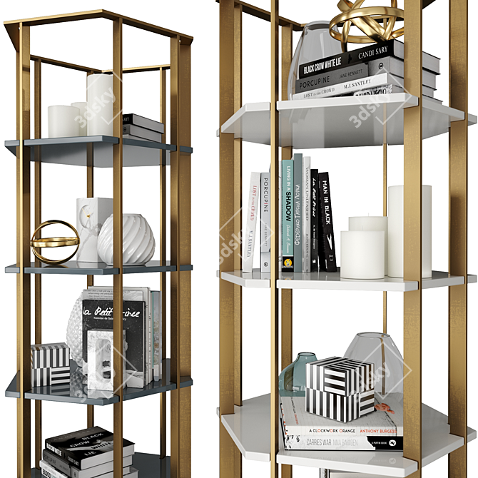 Hexagonal Bookcase with Bronze Frame and Glossy Shelves 3D model image 2