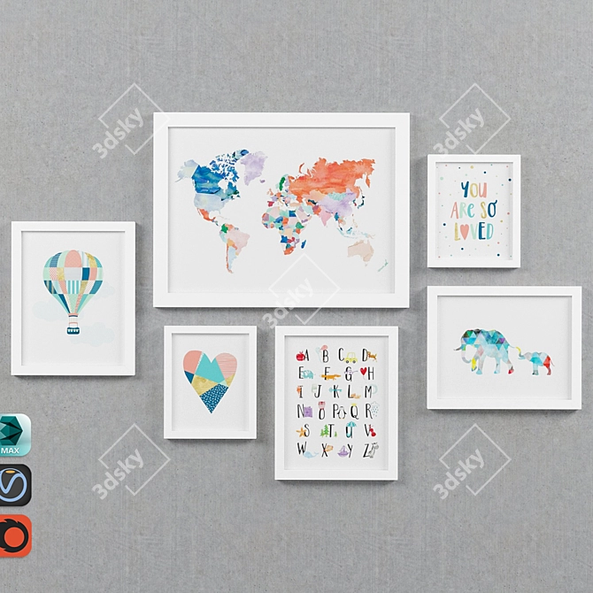 Vibrant Kids' Art Prints - Set of 6 3D model image 1