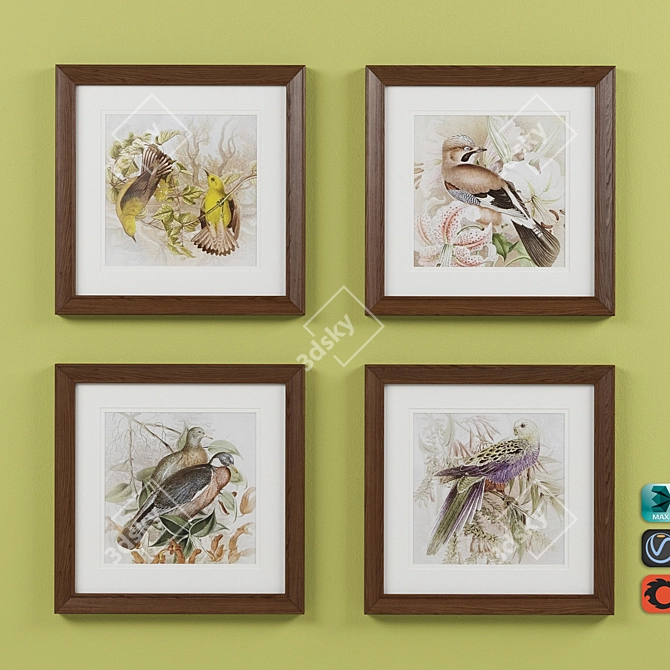 Title: Charming Birds 4-Piece Framed Print Set 3D model image 1