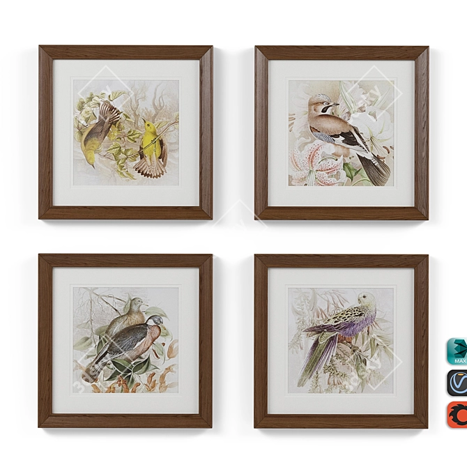 Title: Charming Birds 4-Piece Framed Print Set 3D model image 4