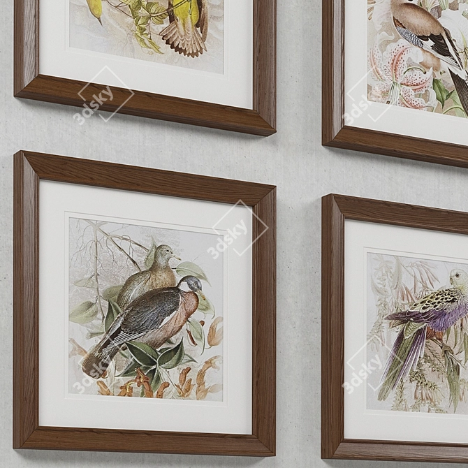 Title: Charming Birds 4-Piece Framed Print Set 3D model image 5