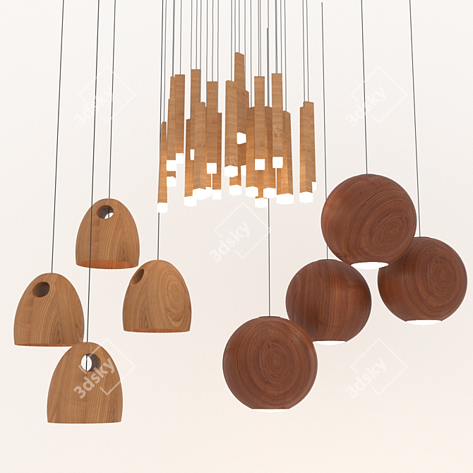 Natural Oak Wood Pendant Lamps 3D model image 1