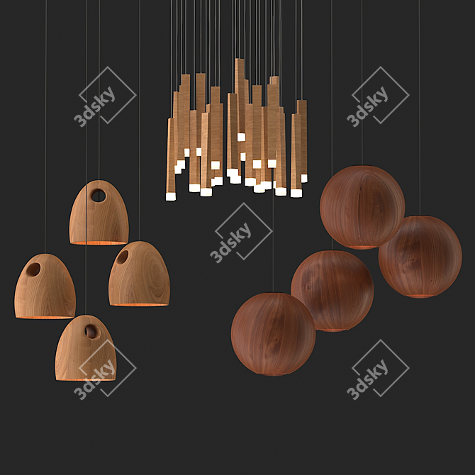 Natural Oak Wood Pendant Lamps 3D model image 3