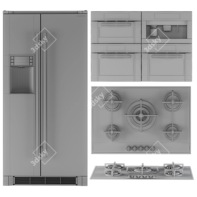 Gray White Kitchen Set: Cooktop, Microwave, Oven, Hood, Sink 3D model image 3