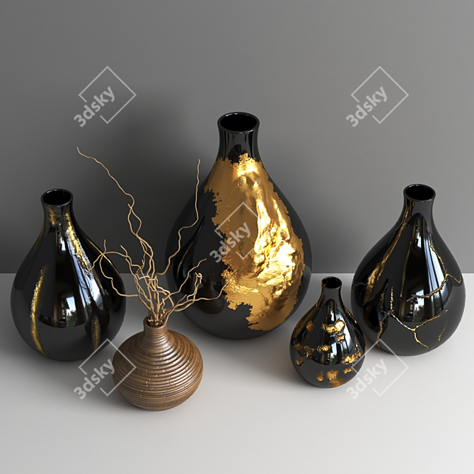 Gilded Elegance: Set of 2 Golden Vases 3D model image 2