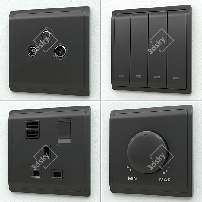 Sophisticated Matte Black Pieno Switches & Sockets 3D model image 3