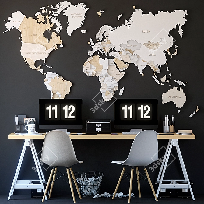 Vintage Office Set with World Map 3D model image 1