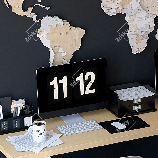 Vintage Office Set with World Map 3D model image 2