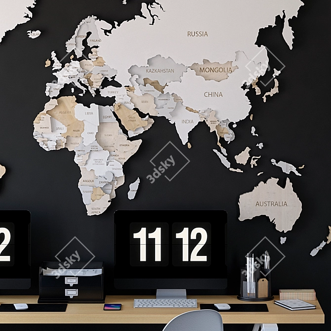 Vintage Office Set with World Map 3D model image 3