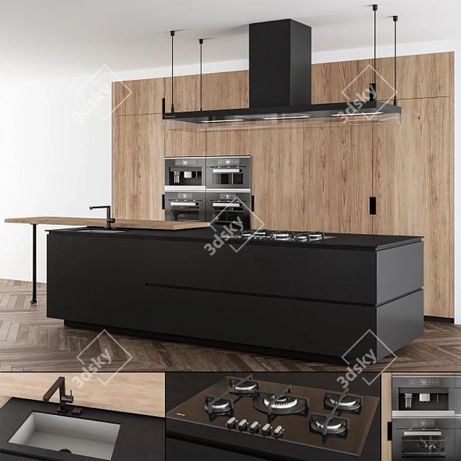 Sleek Black Wood Kitchen 3D model image 1