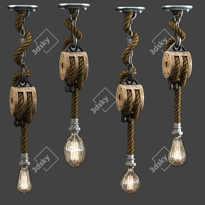 Rustic Wooden Pulley Lamp 3D model image 5