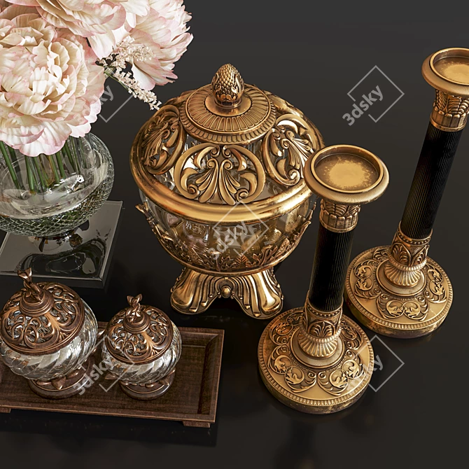Antique Brass Decor Set: Vases & Candlestick 3D model image 2