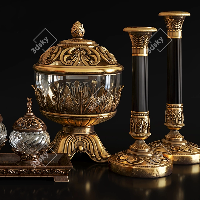 Antique Brass Decor Set: Vases & Candlestick 3D model image 3