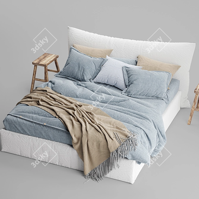 Luxury Linen Bed: Blue Melange Duvet Set 3D model image 2