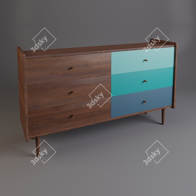 Retro-Inspired Colorful 6-Drawer Walnut Dresser 3D model image 2