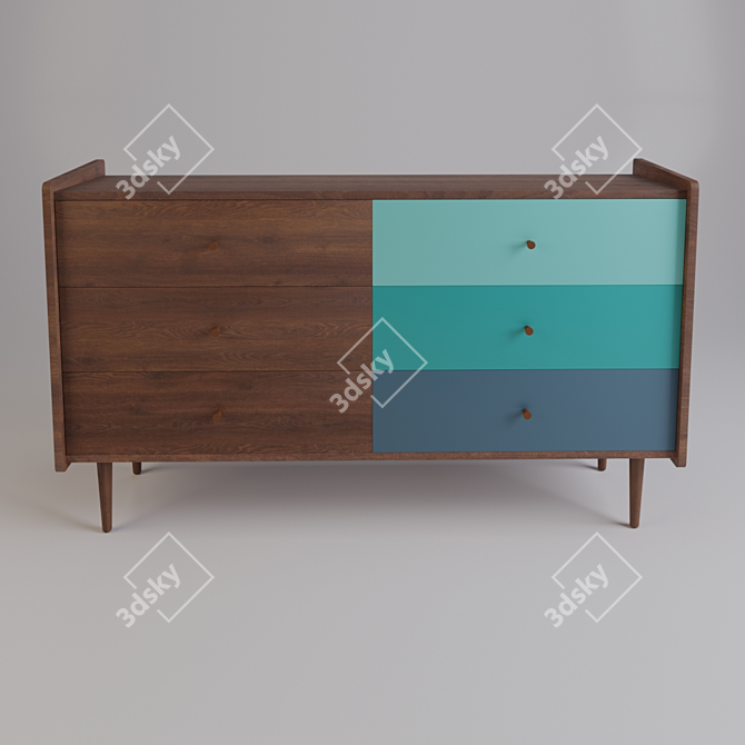 Retro-Inspired Colorful 6-Drawer Walnut Dresser 3D model image 3