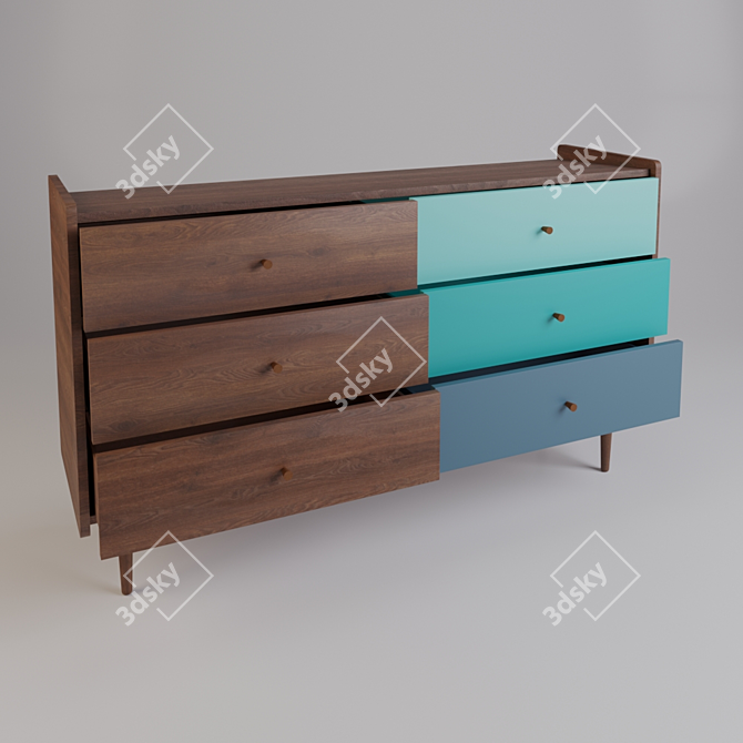 Retro-Inspired Colorful 6-Drawer Walnut Dresser 3D model image 4