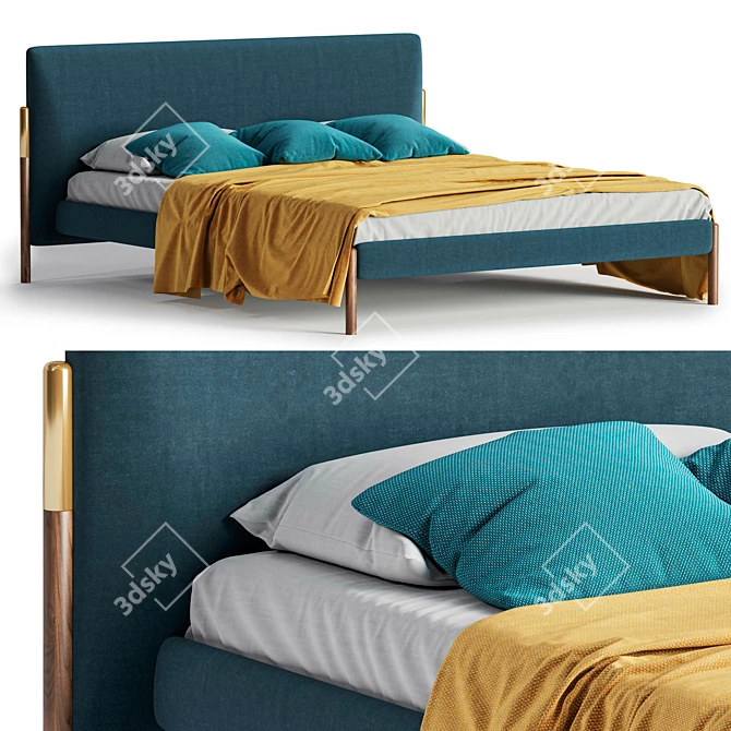 Modern Fabric Bed with Wooden Legs 3D model image 1