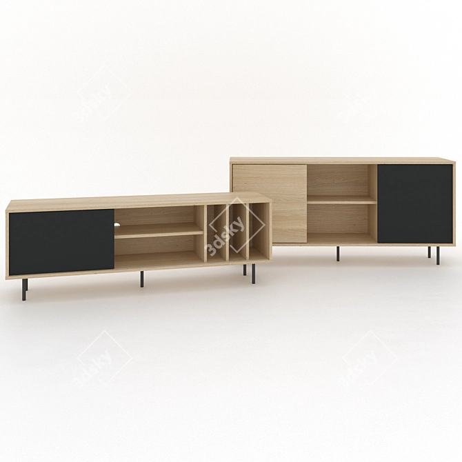 Modern Oak Black TV Bench & Sideboard Set 3D model image 4