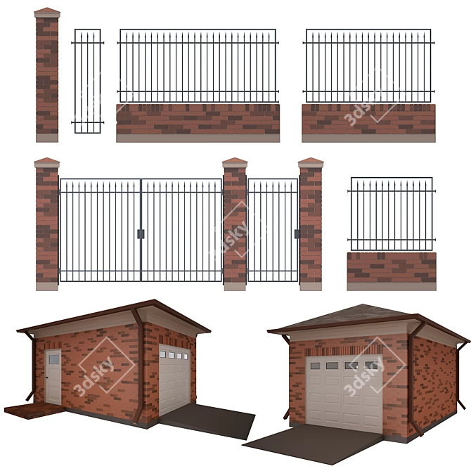 Brick Mesh Fence Kit with Gate 3D model image 1