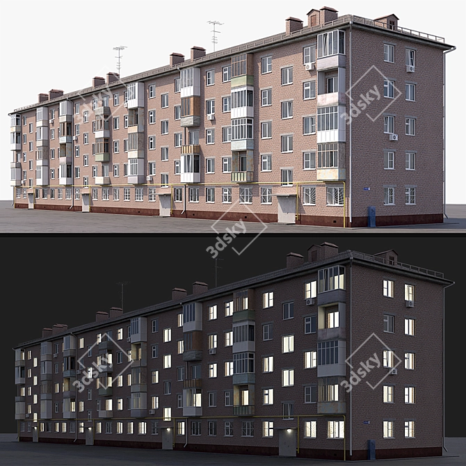 Khrushchev Red Brick Residential Building 3D model image 1