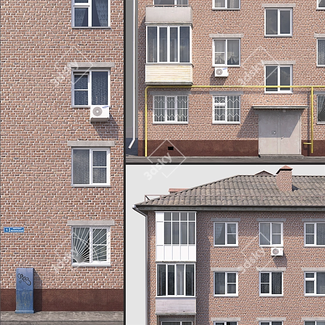 Khrushchev Red Brick Residential Building 3D model image 2