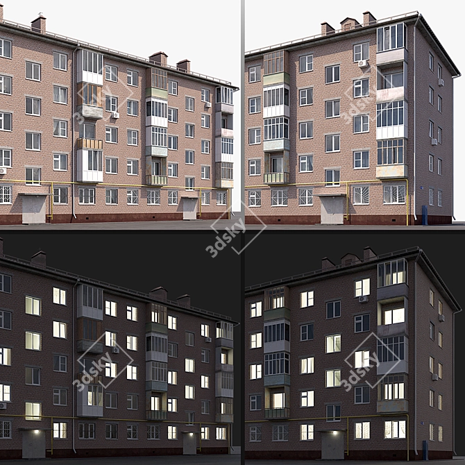 Khrushchev Red Brick Residential Building 3D model image 3