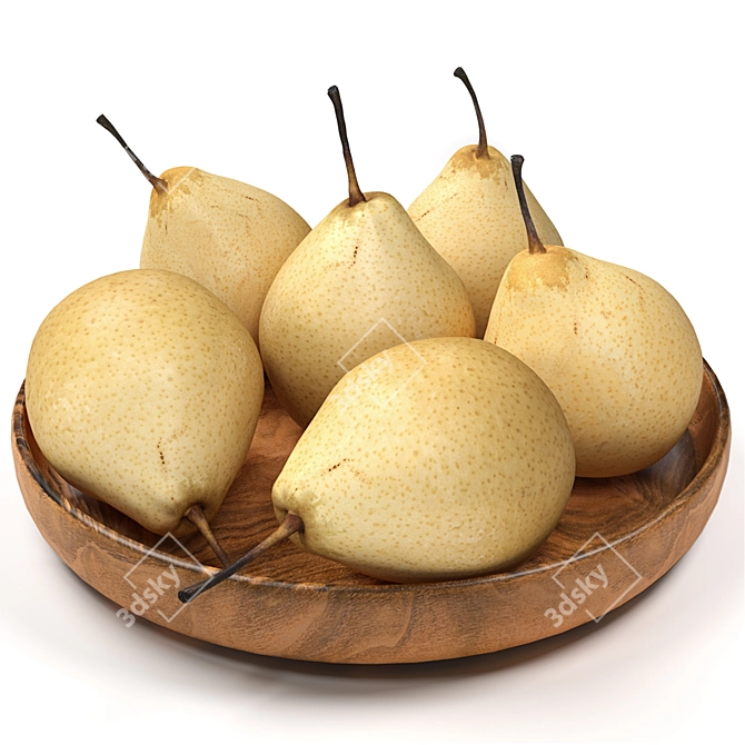 Exquisite Chinese Pears on Wooden Platter 3D model image 1