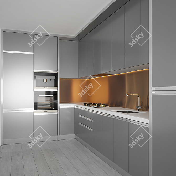 Modern Kitchen Set with Gas Hob, Sink, Oven, and Hood 3D model image 2