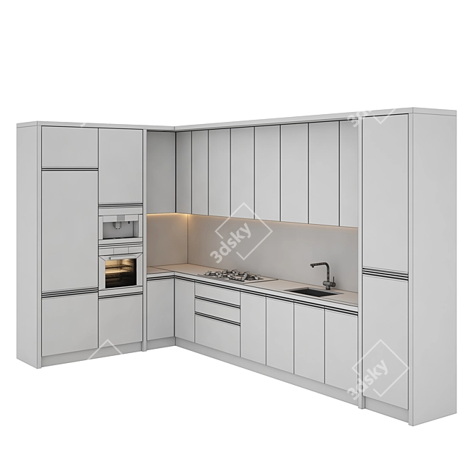 Modern Kitchen Set with Gas Hob, Sink, Oven, and Hood 3D model image 5