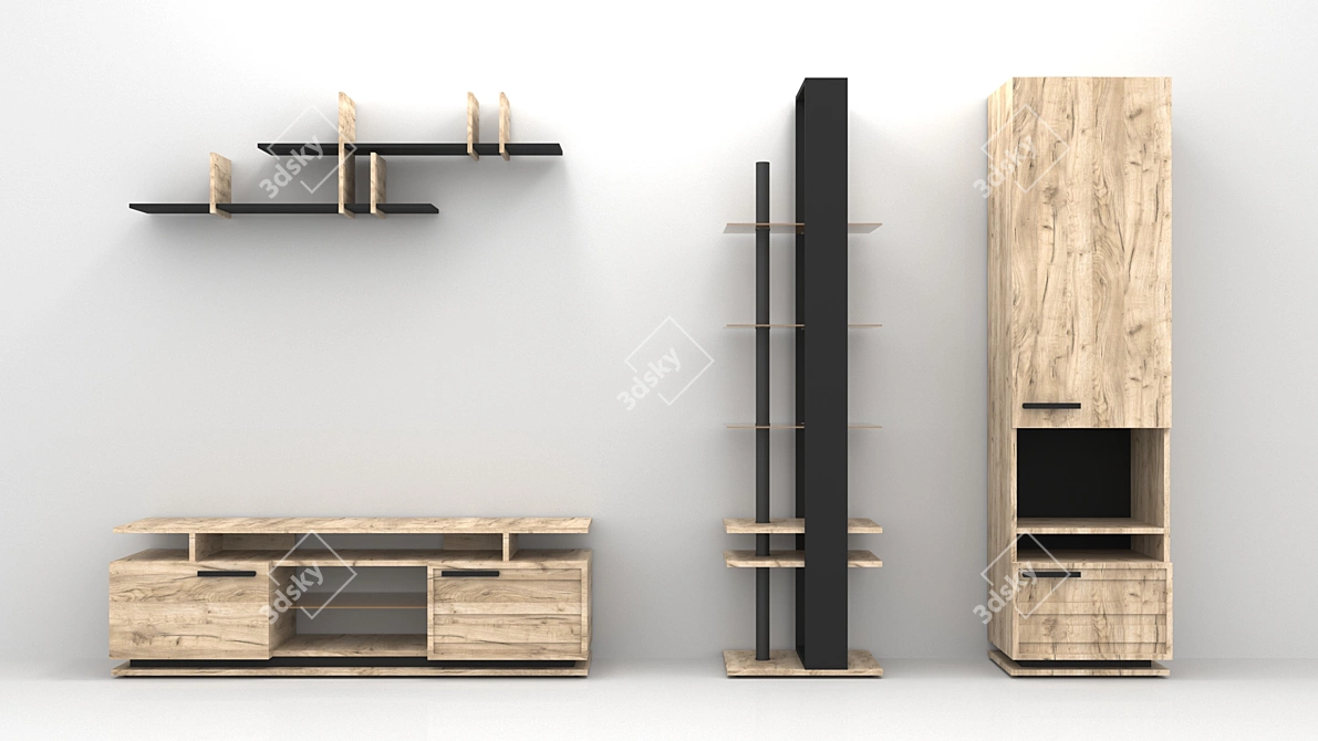 Modern Oslo TV Stand - Gray Oak & Black 3D model image 2