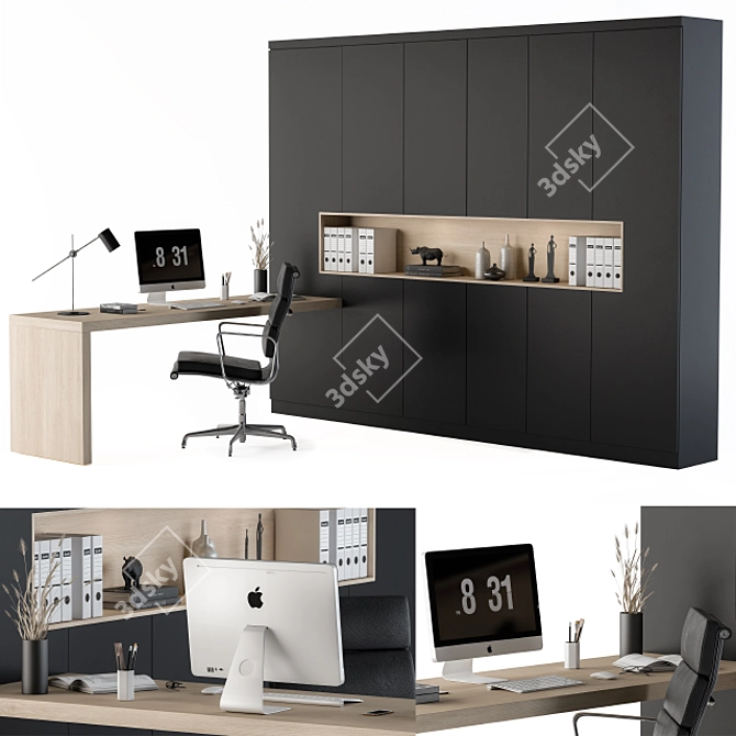 Sleek Black L-Type Desk & Wardrobe 3D model image 1