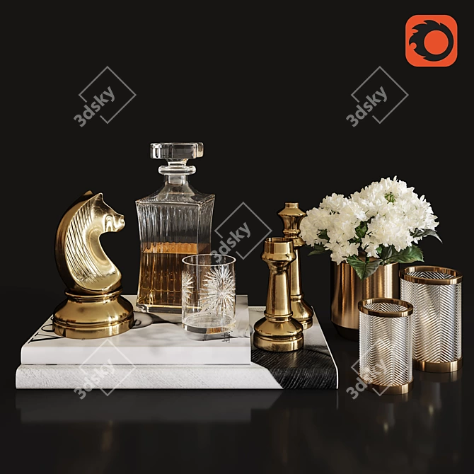 Brass Chess Liquor Set & Hydrangea Sculpture 3D model image 1