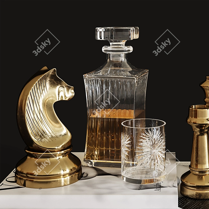 Brass Chess Liquor Set & Hydrangea Sculpture 3D model image 3