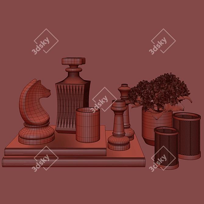 Brass Chess Liquor Set & Hydrangea Sculpture 3D model image 4