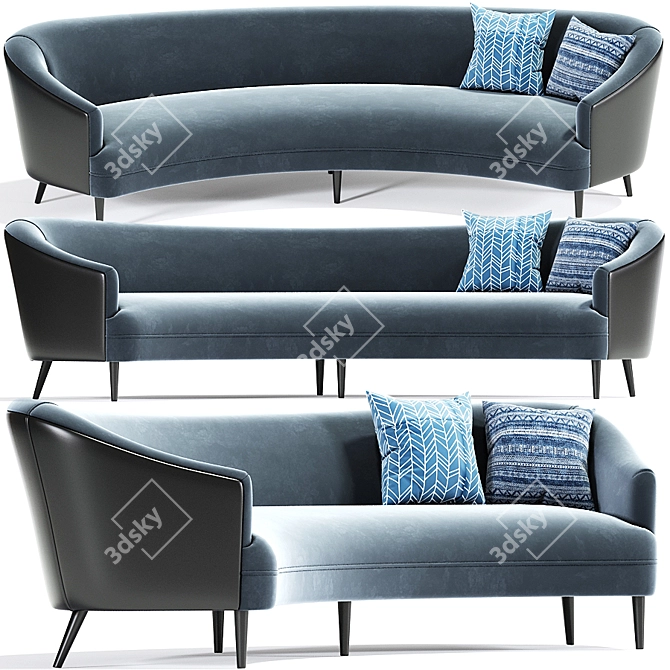 Mid Century Long Curve Sofa with Pillow 3D model image 1