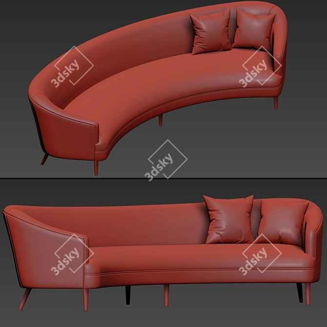 Mid Century Long Curve Sofa with Pillow 3D model image 2