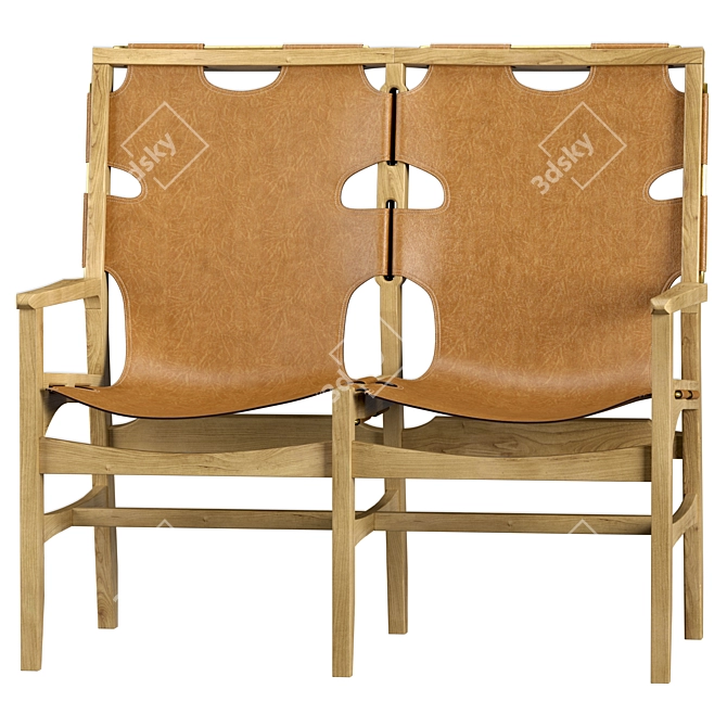 Danish Inspired Leather & Oak Bench 3D model image 2