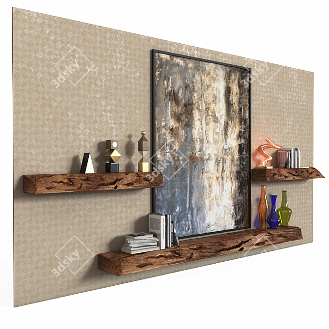 Rustic Wooden Block Wall Shelf 3D model image 1