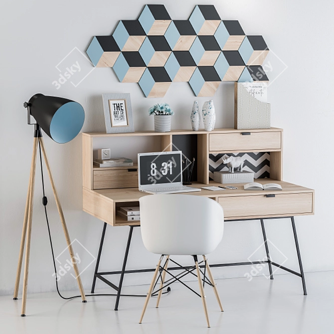  Wooden Blue Home Office Set 3D model image 1