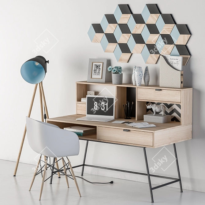  Wooden Blue Home Office Set 3D model image 2