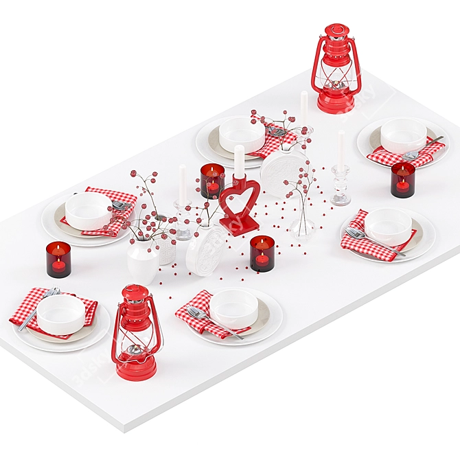 Elegant Red and White Table Setting 3D model image 2
