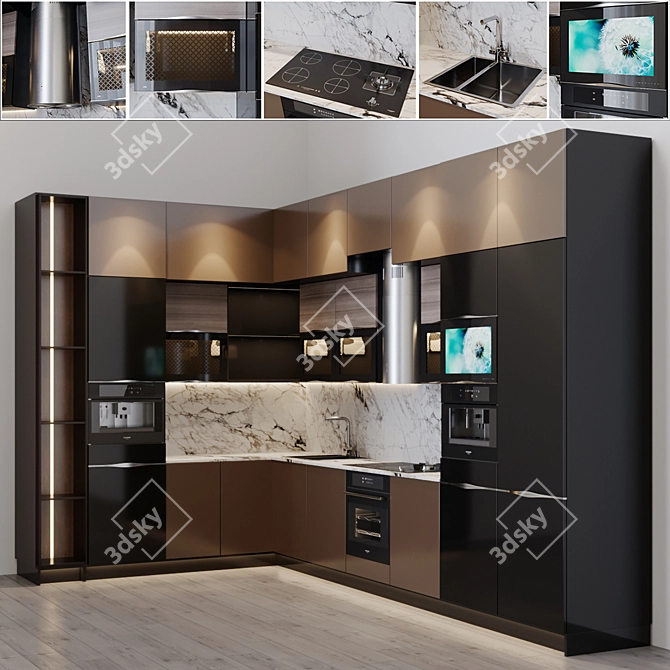 Modern Kitchen with Integrated TV, Coffee Maker, and More 3D model image 1