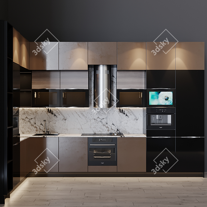 Modern Kitchen with Integrated TV, Coffee Maker, and More 3D model image 2