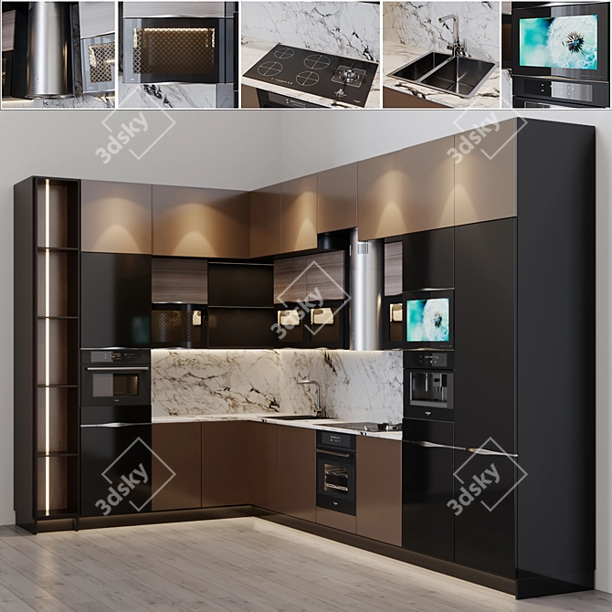 Modern Kitchen with Integrated TV, Coffee Maker, and More 3D model image 6